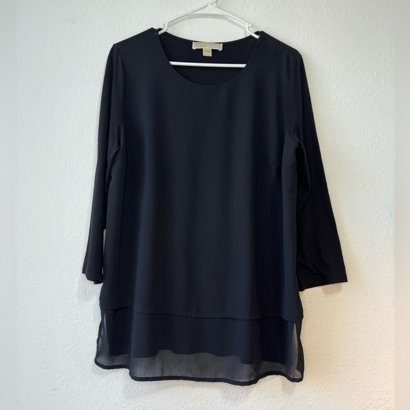 MK MICHAEL KORS Blouse Top L Black Sheer 3/4 Sleeve MK Black Long Sleeve Top - Picture 2 of 9